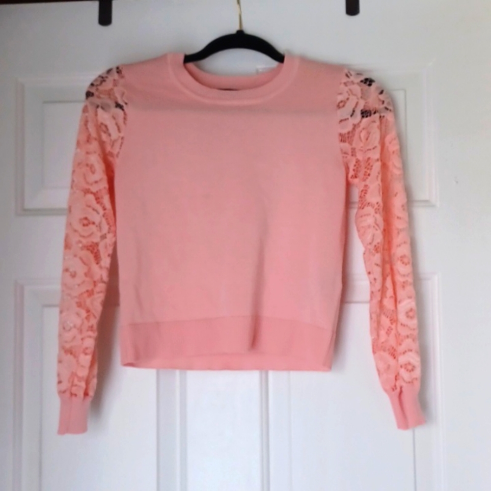 Coral Lace Sleeves Thin Sweater
